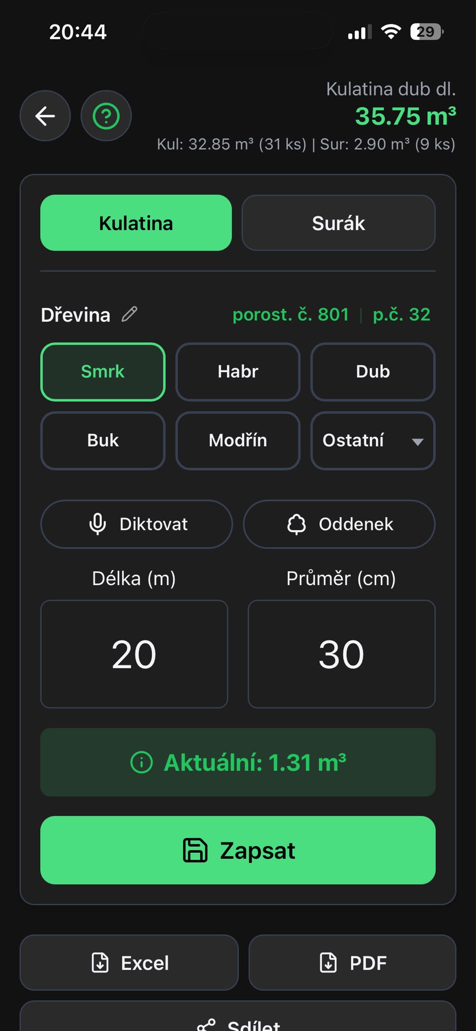 Detail zadávania rozmerov guľatiny v aplikácii Timber Calc