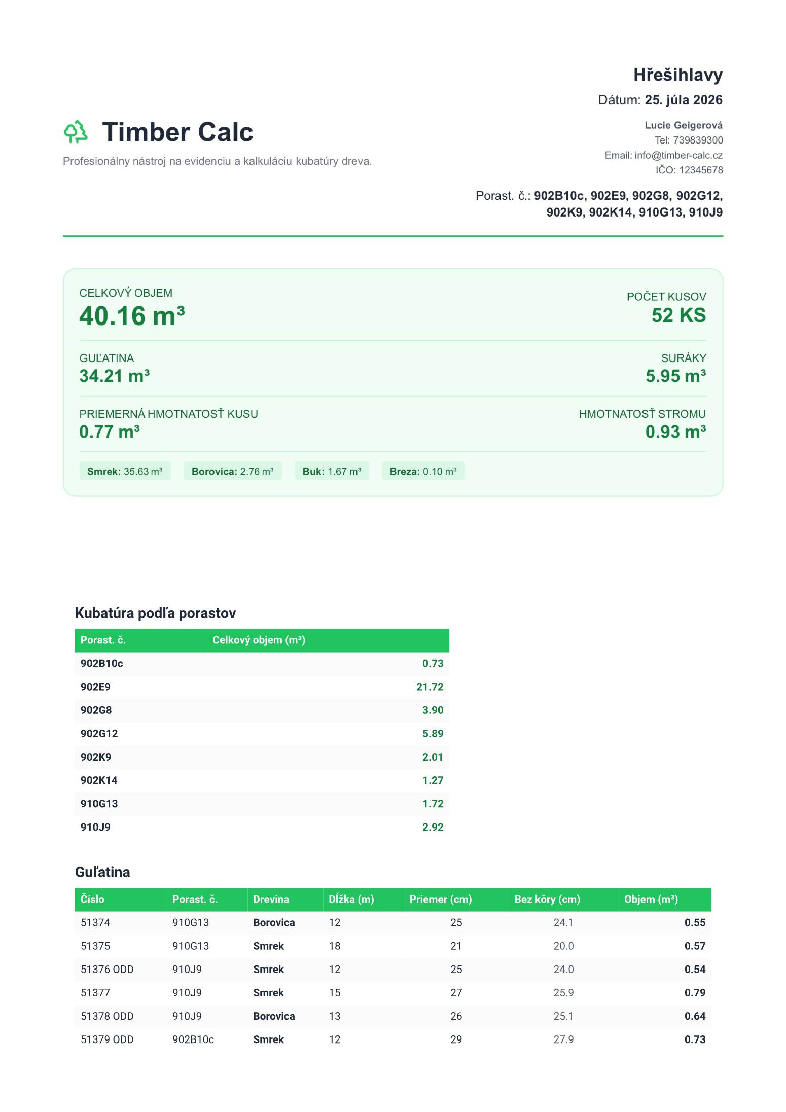 Náhľad PDF výkazu vygenerovaného aplikáciou Timber Calc – súpis kusov s kubatúrou