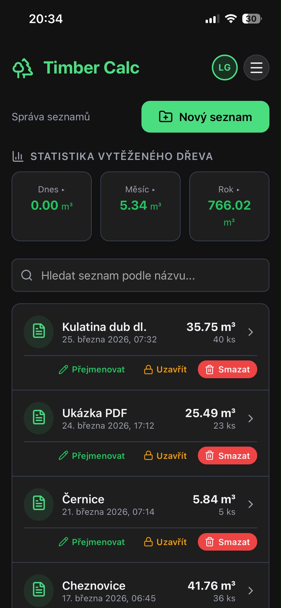 Správa zoznamov kubírovania dreva v aplikácii Timber Calc